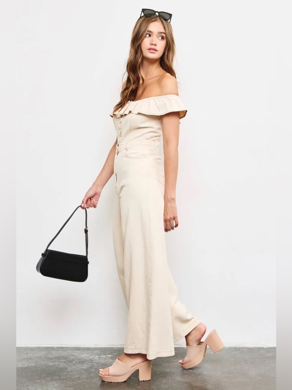 NWT Mustard Seed Off-Shoulder Wide-Leg Jumpsuit in Cream Size Medium Boutique - Picture 2 of 7
